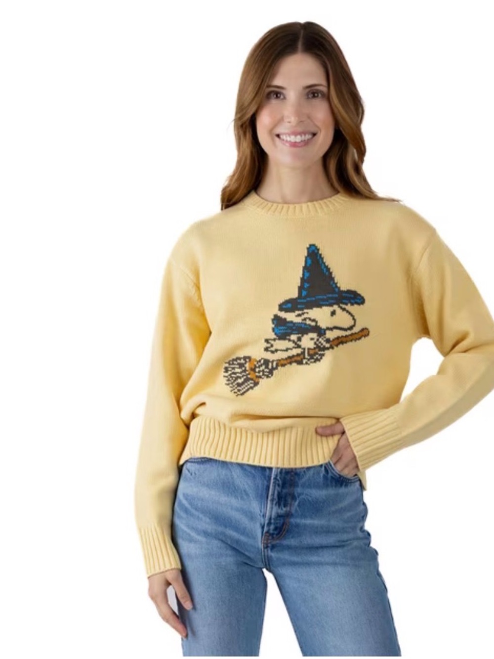 Peanuts Women's Woodstock Halloween Yellow Witch Flying Broomstick Sweater Large
